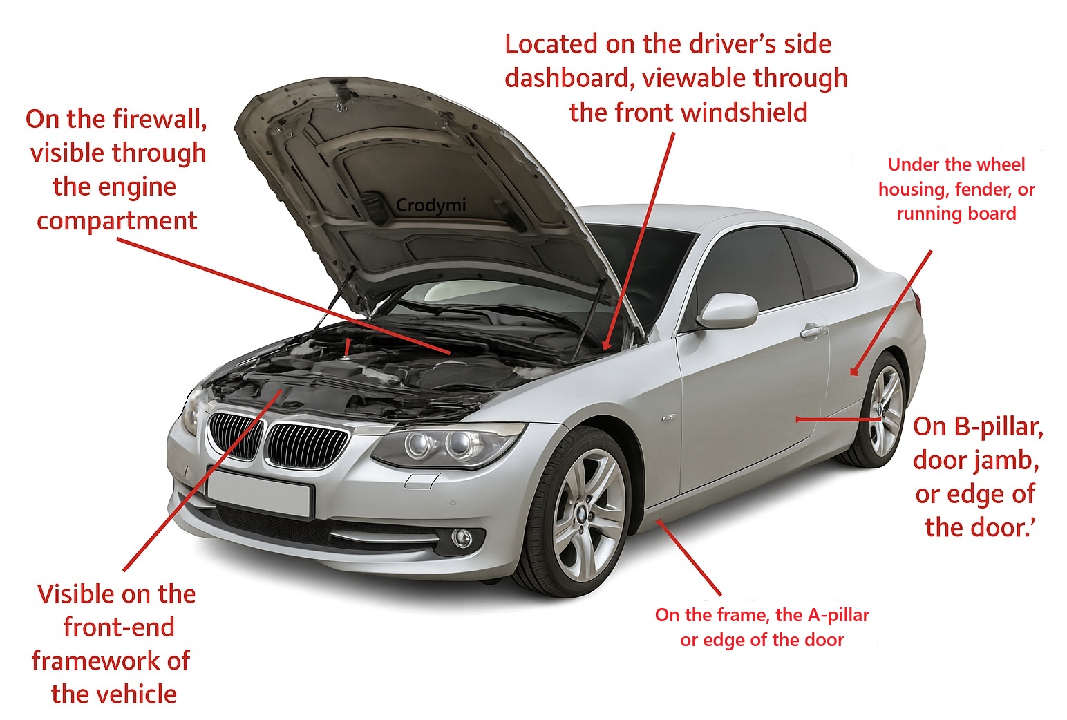 Diagram showing common VIN locations on a vehicle: dashboard, door jamb, engine bay, frame