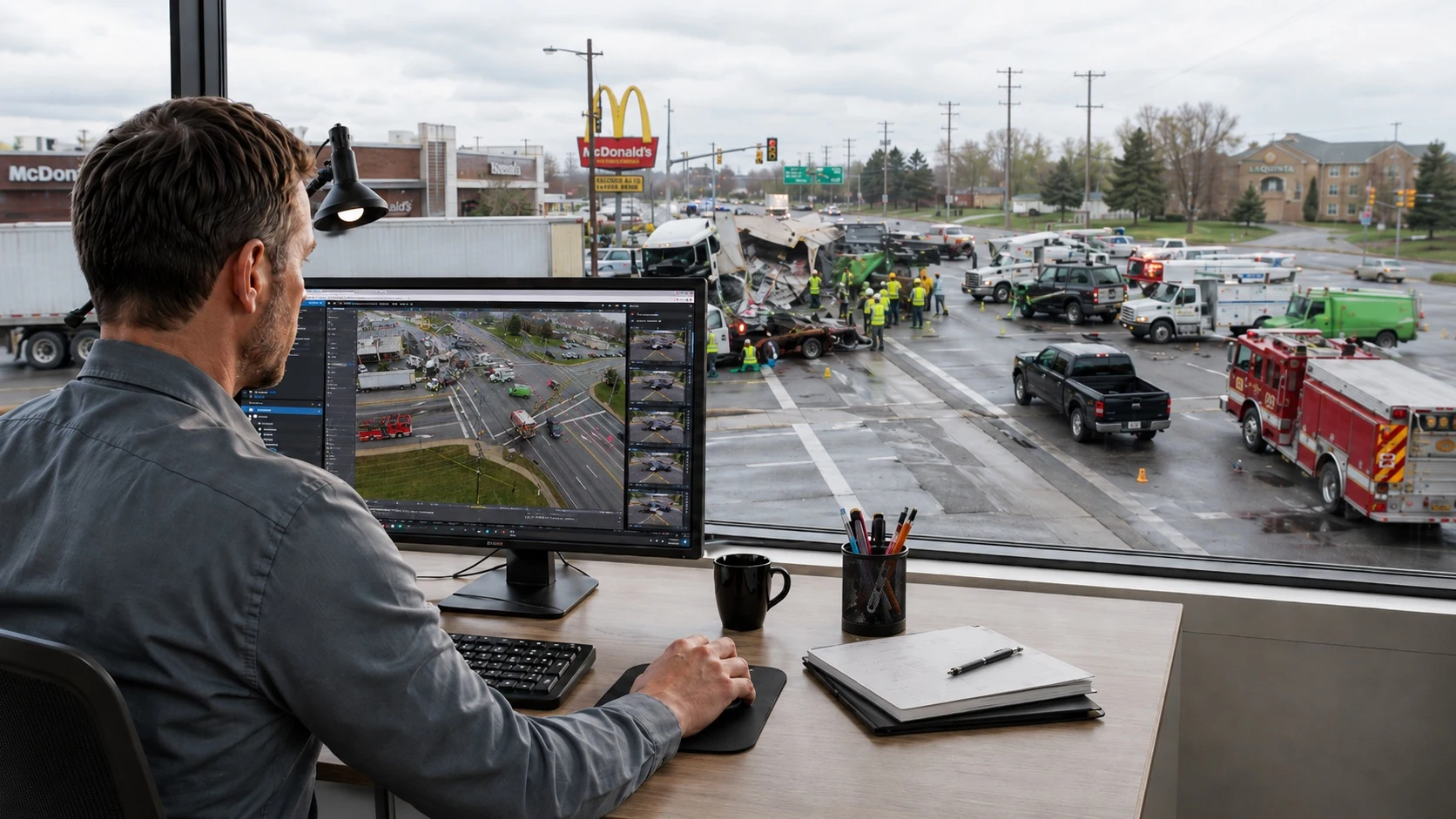 Forensic crash reconstruction expert using AI-assisted animation software to analyze and recreate a roadway collision scene.