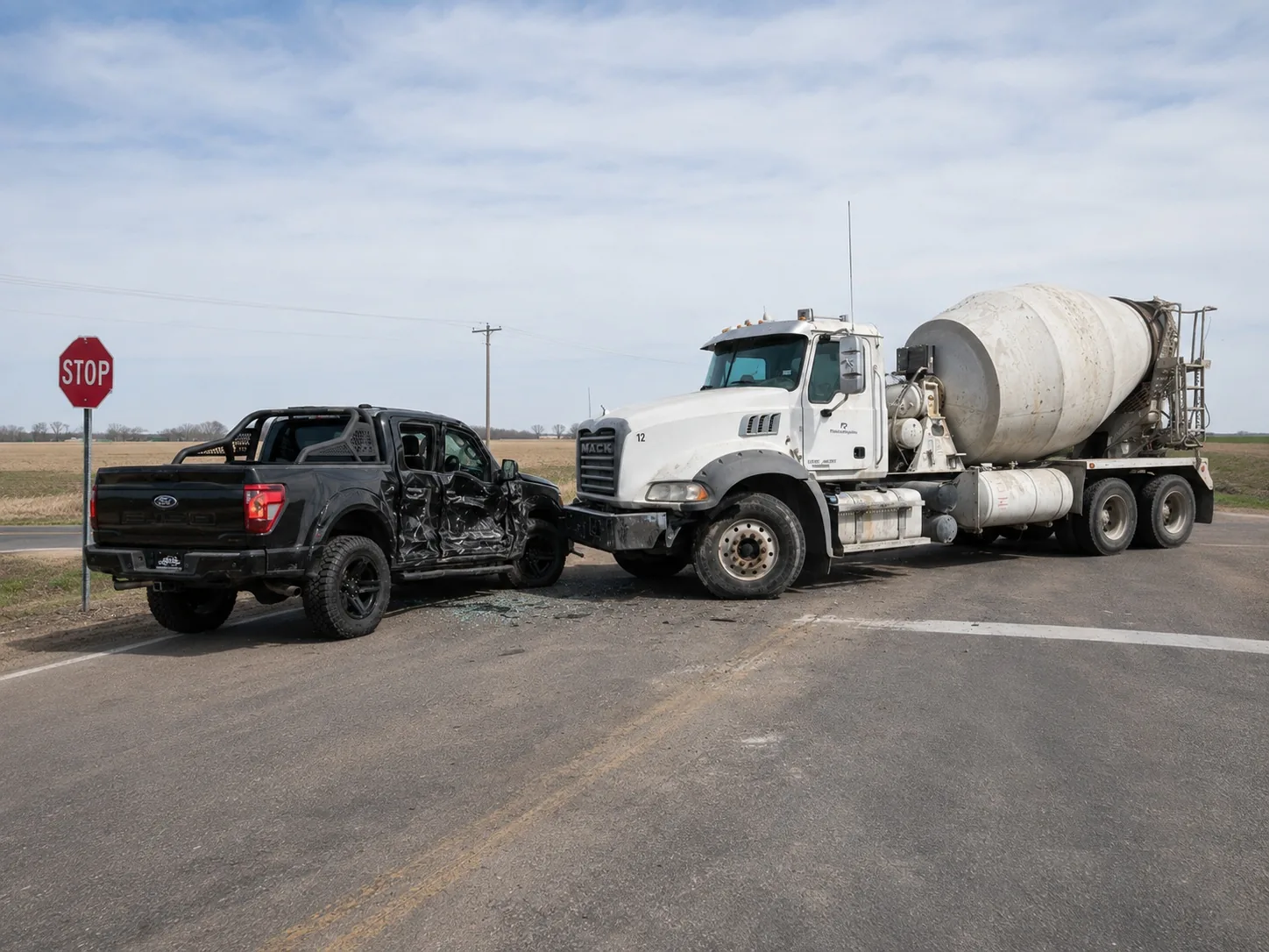 Cement truck and pickup intersection collision