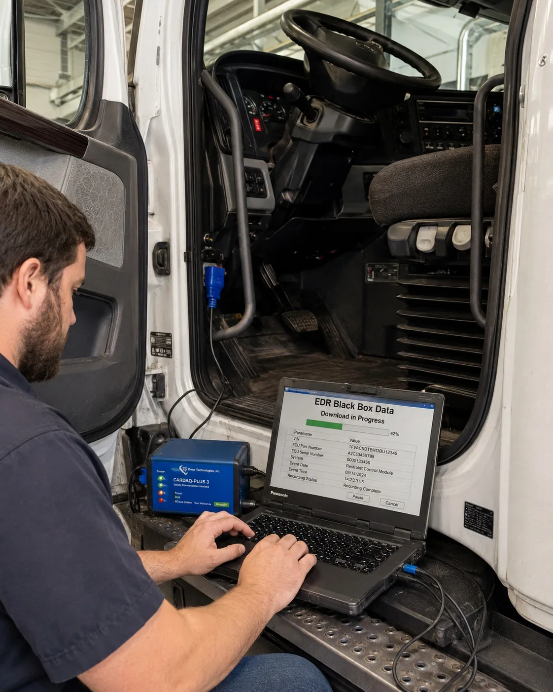Technician downloading EDR, ECM, black-box, and other electronic data from a commercial vehicle